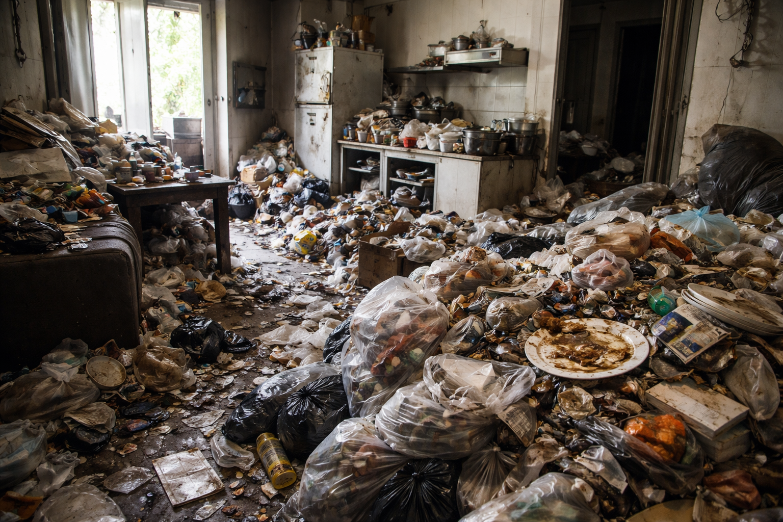 Logement touché par le syndrome de Diogène avec accumulation de déchets, cuisine insalubre et encombrement extrême