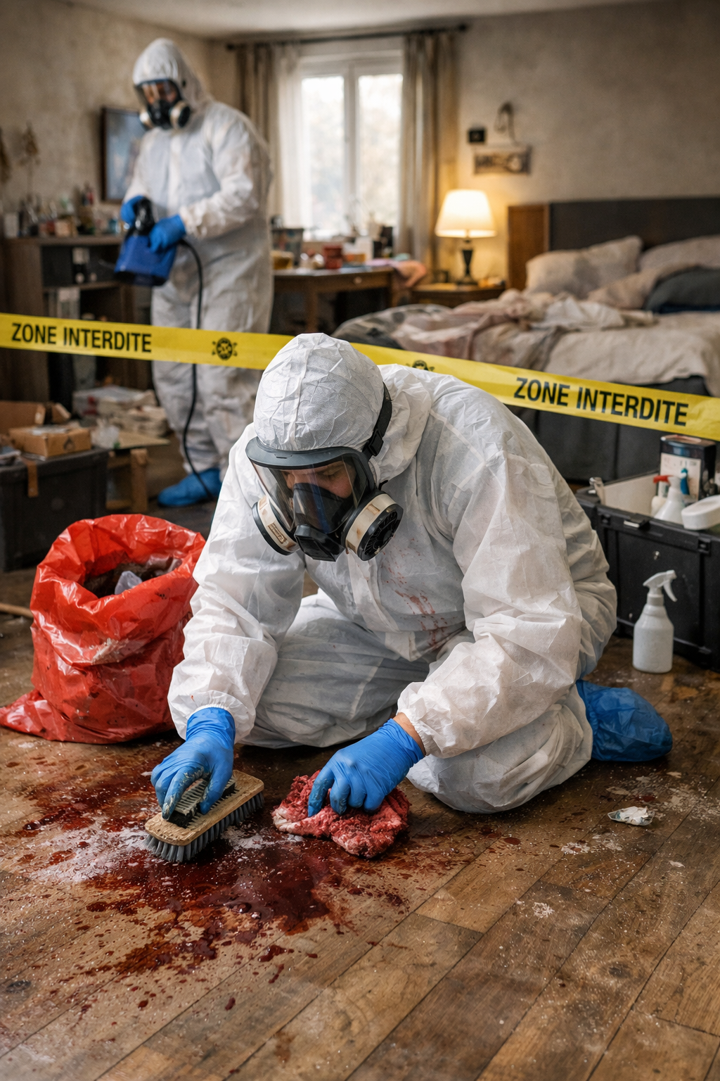 Techniciens en combinaison de protection réalisant un nettoyage après décès dans un appartement avec désinfection et assainissement des surfaces