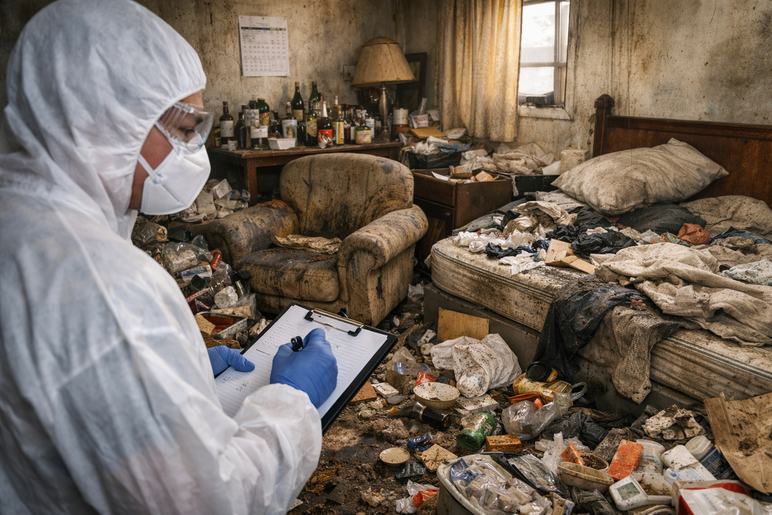 Professionnel en tenue de protection évaluant un logement très insalubre avant un nettoyage lié au syndrome de Korsakoff