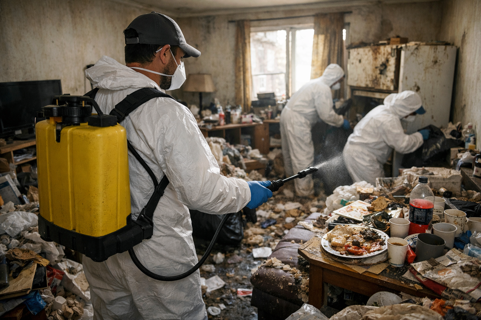 Équipe professionnelle en combinaison réalisant un nettoyage complet dans un logement très encombré après un syndrome de Diogène