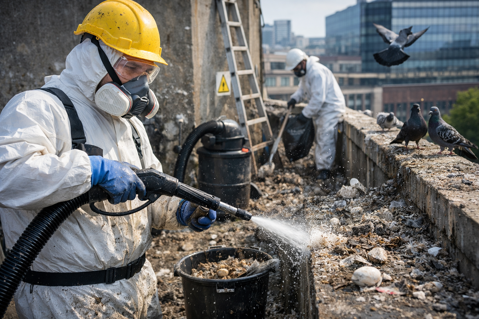 Entreprise spécialisée en nettoyage de fientes de pigeon intervenant sur un toit avec équipement de protection professionnel