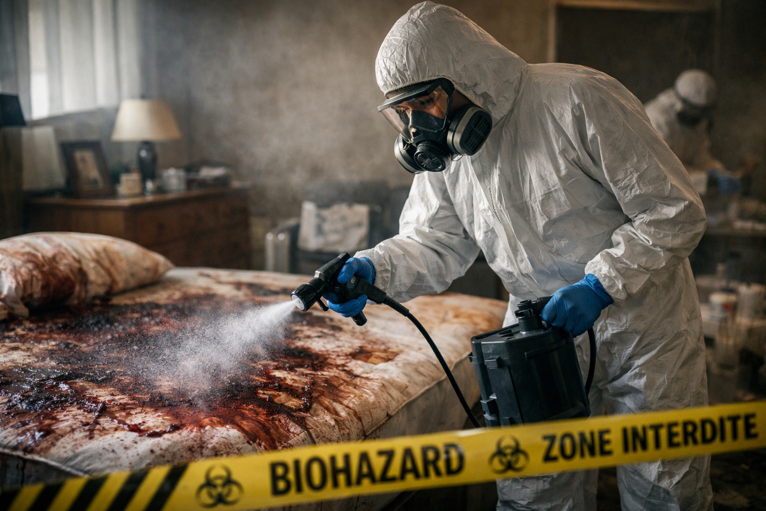 Technicien en combinaison de protection réalisant une désinfection lors d’un nettoyage après décès dans une chambre contaminée