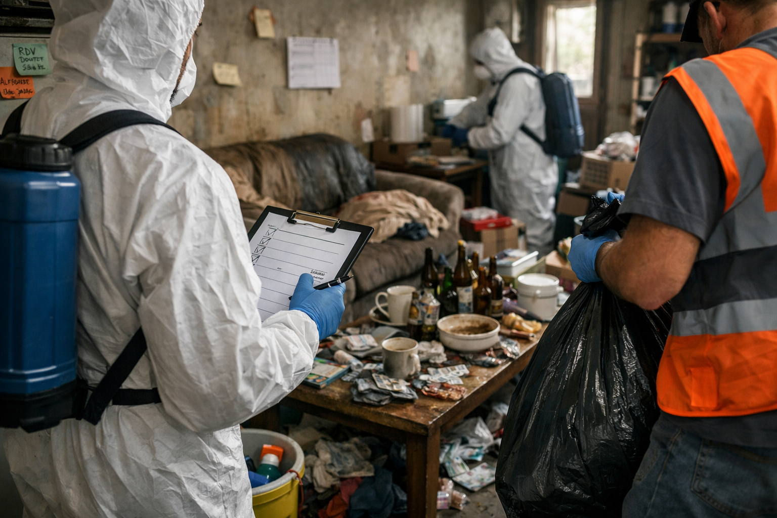Intervenants préparant la sécurisation d’un logement encombré touché par le syndrome de Korsakoff
