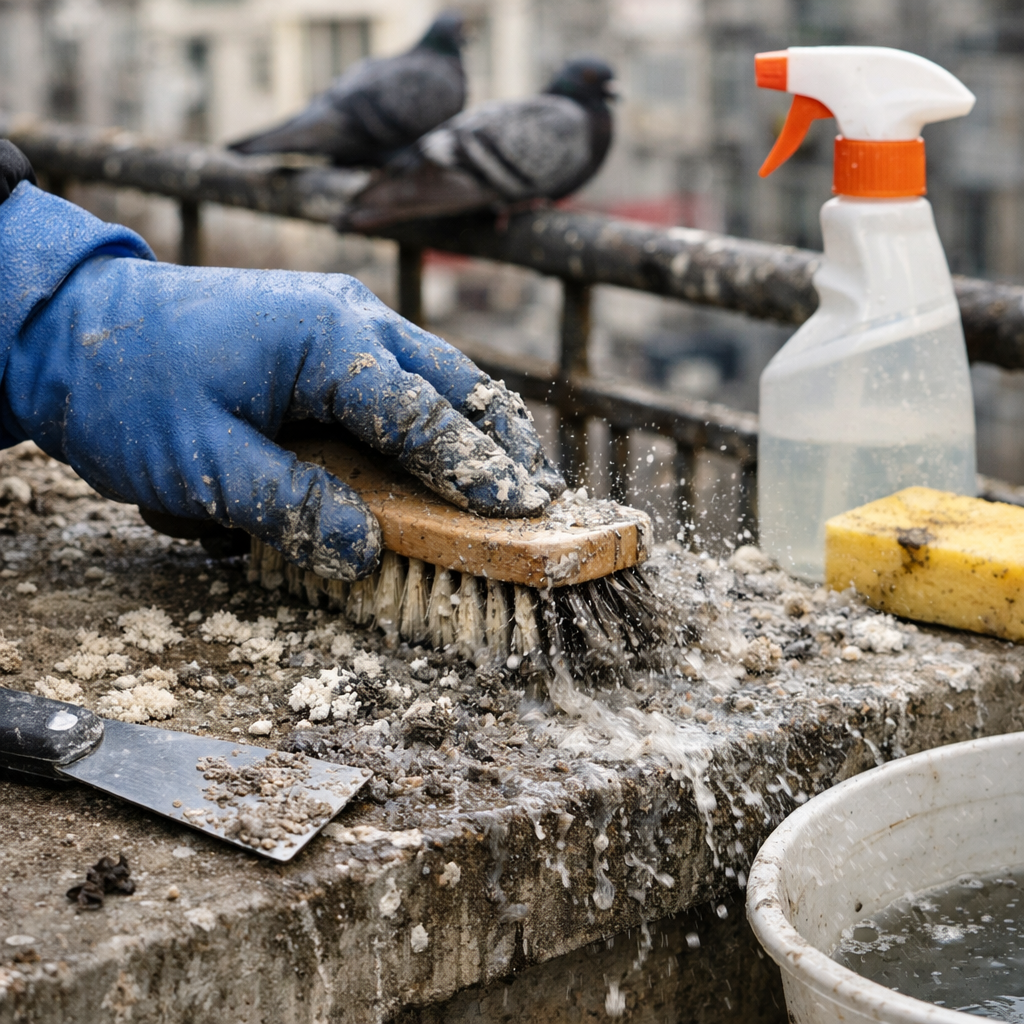 Nettoyage de fientes de pigeon anciennes et incrustées sur un rebord de balcon avec brosse, spray et gants de protection