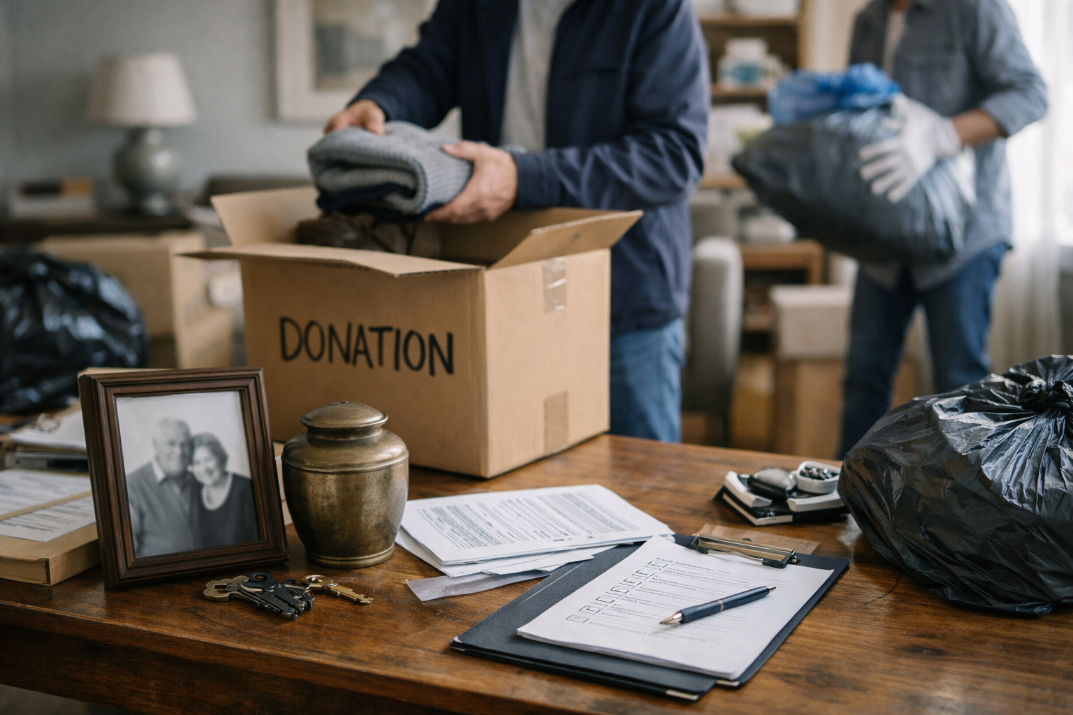 Tri et préparation d’un logement après décès avant sa remise en location avec cartons, documents administratifs et effets personnels