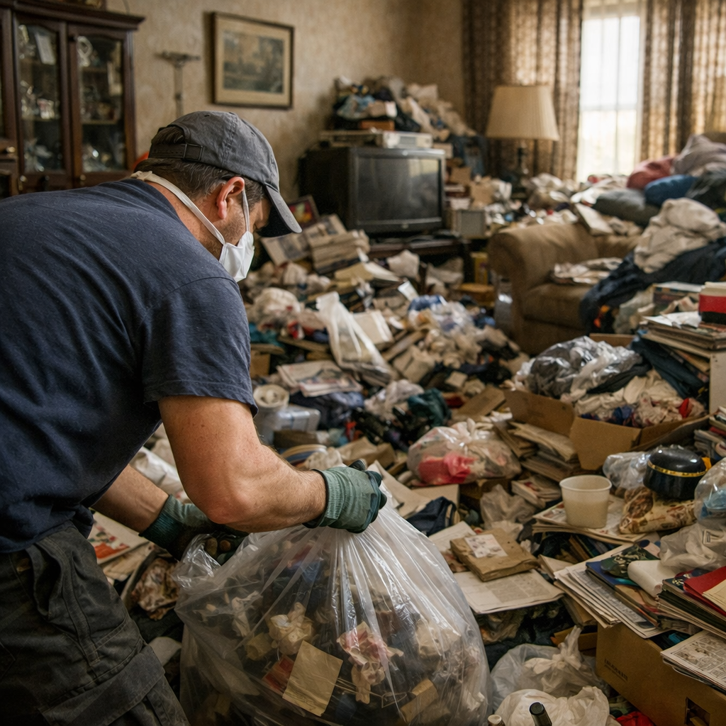 Professionnel effectuant le débarras d’une maison très encombrée liée au syndrome de Korsakoff