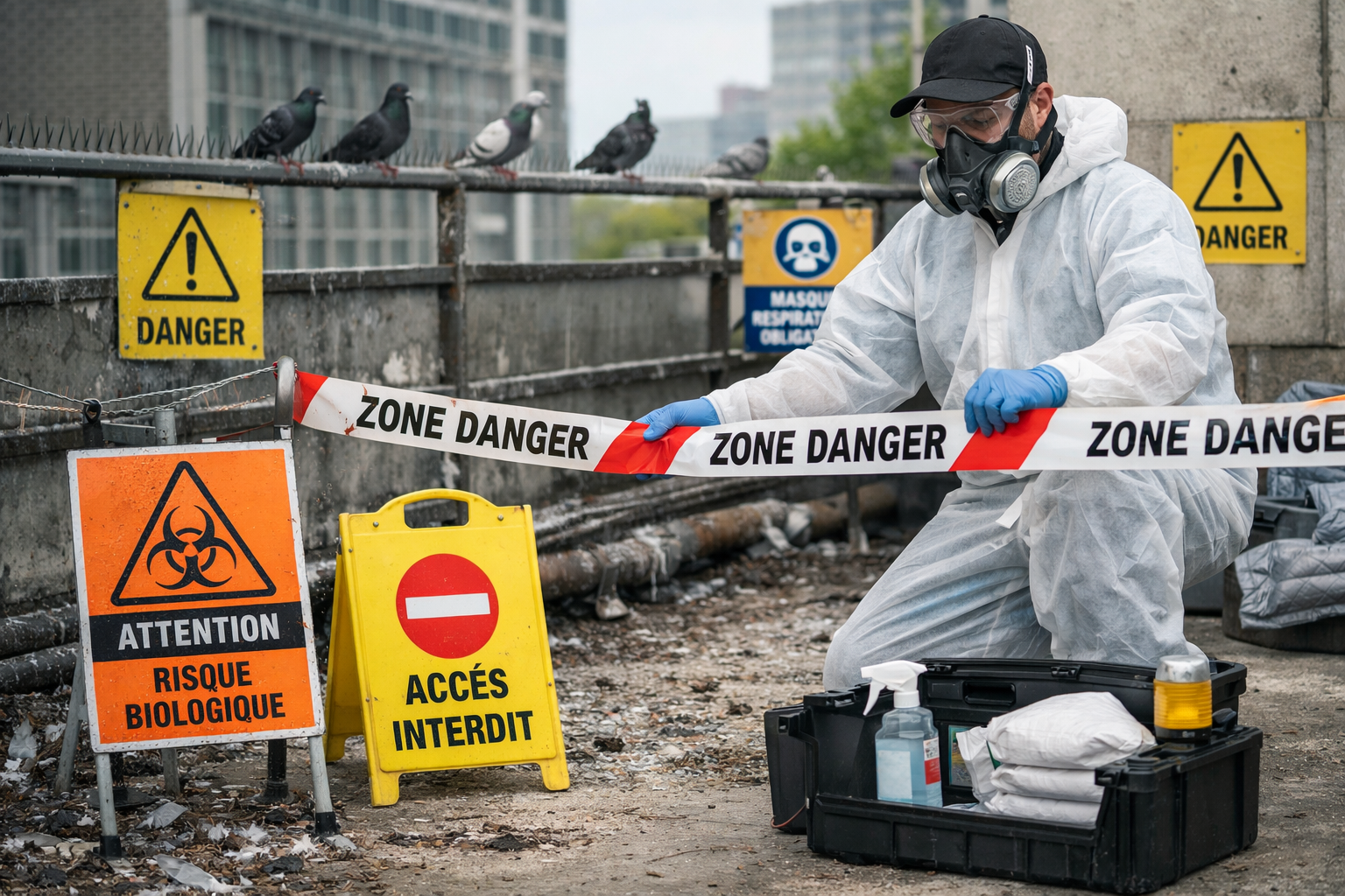 Sécurisation d’une zone avant nettoyage de fientes de pigeon Technicien équipé d’une combinaison, de gants, d’un masque et de lunettes en train de sécuriser une zone contaminée avant le nettoyage de fientes de pigeon sur un toit-terrasse urbain