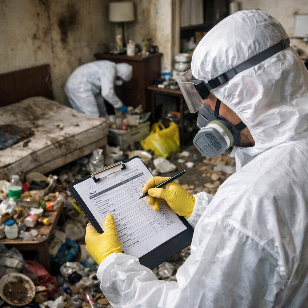 Professionnel en tenue de protection évaluant le prix d’un nettoyage dans un logement très insalubre après syndrome de Korsakoff