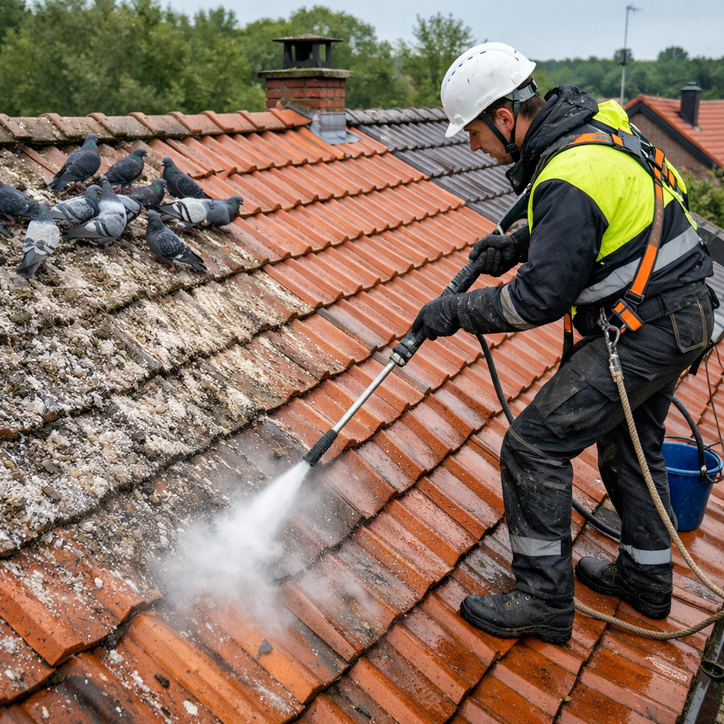Professionnel en équipement de sécurité nettoyant une toiture en tuiles souillée par des fientes de pigeon