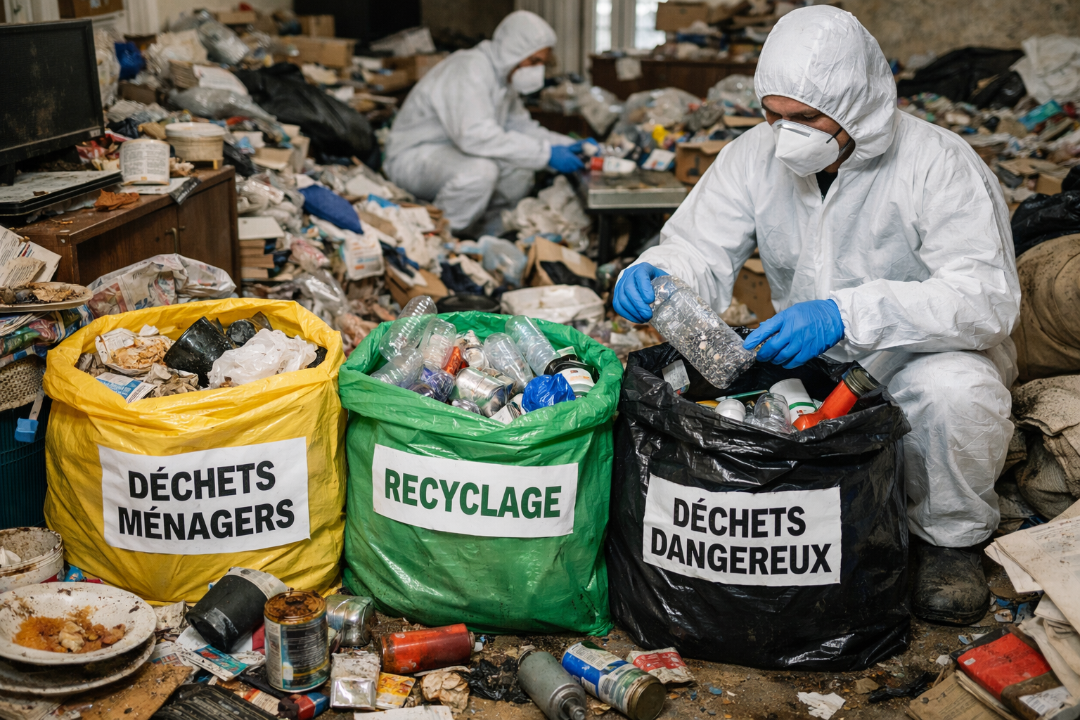 Tri des déchets lors d’un nettoyage de syndrome de Diogène avec intervenants en combinaison de protection dans un logement très encombré