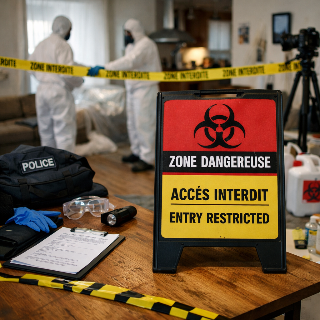 Équipe spécialisée sécurisant un logement avant un nettoyage après décès avec zone interdite, équipements de protection et accès contrôl