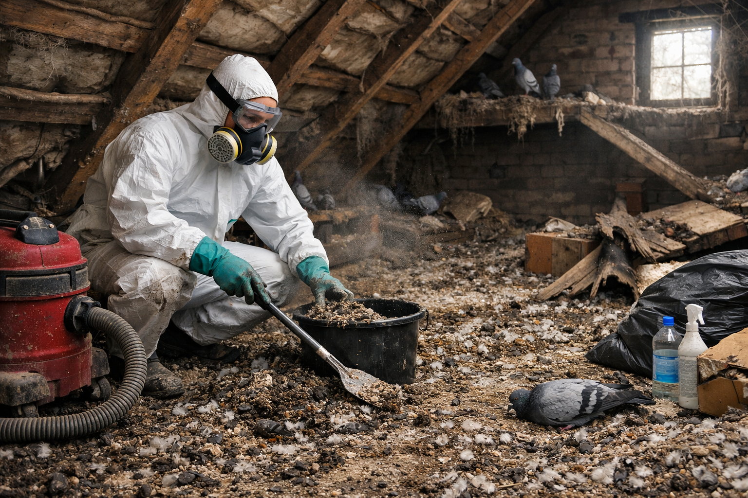 Intervenant en combinaison de protection nettoyant un grenier envahi par des fientes de pigeon