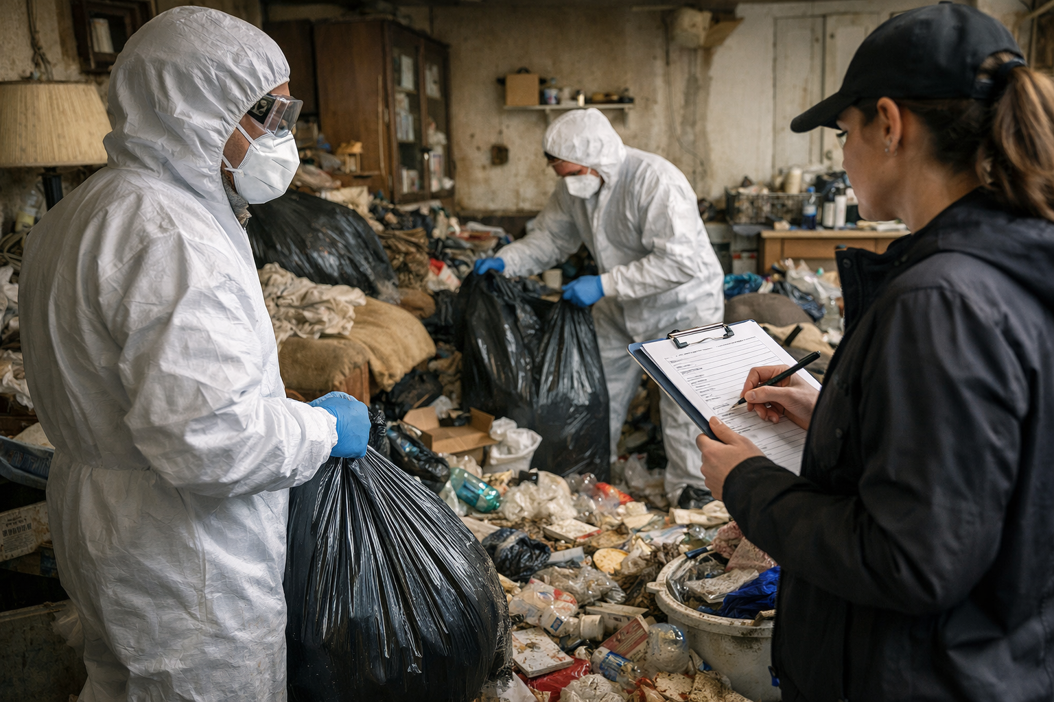 Équipe d’une entreprise spécialisée en nettoyage de syndrome de Diogène intervenant dans un logement très encombré et insalubre