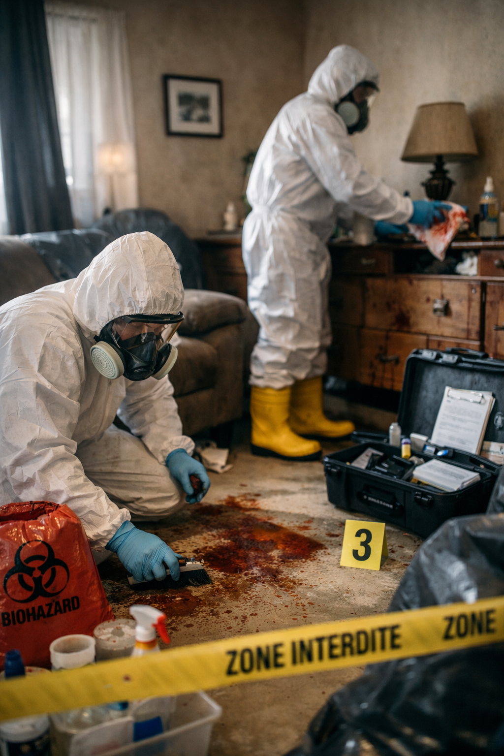 Professionnels en tenue de protection réalisant un nettoyage après décès dans un logement avec protocole sanitaire strict