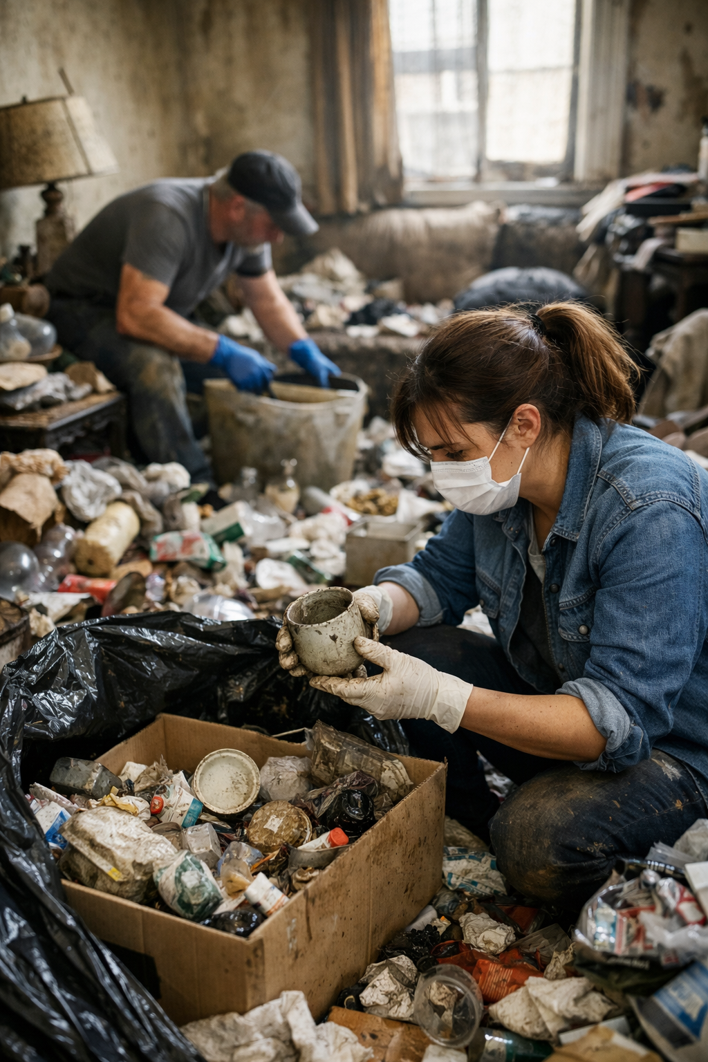 Tri d’un logement dégradé par le syndrome de Korsakoff avec deux intervenants équipés de gants et masques dans une pièce très encombrée