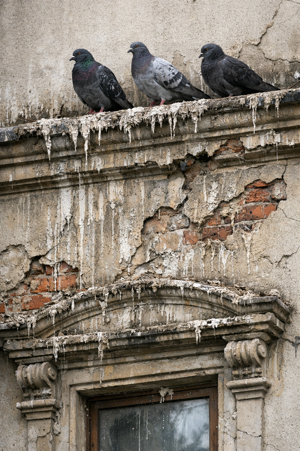 Façade d’immeuble ancienne abîmée par des fientes de pigeon avec corniche encrassée et dégradations visibles sur le mur extérieur