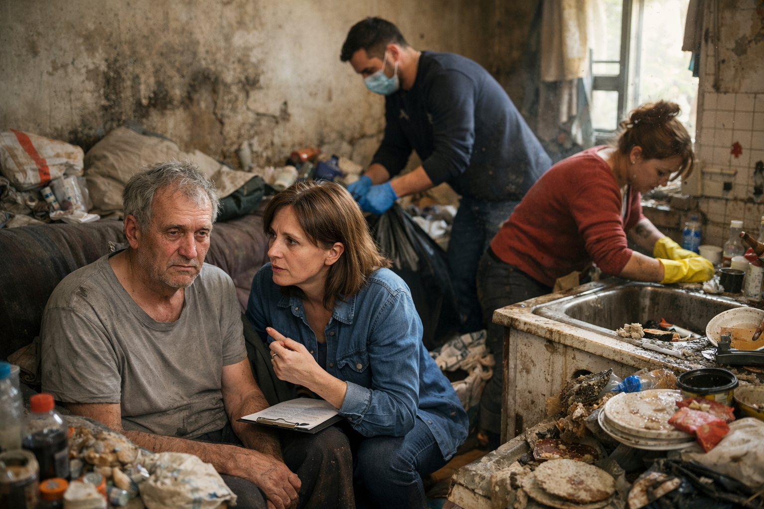 Famille aidant une personne atteinte du syndrome de Korsakoff dans un logement insalubre en cours de nettoyage
