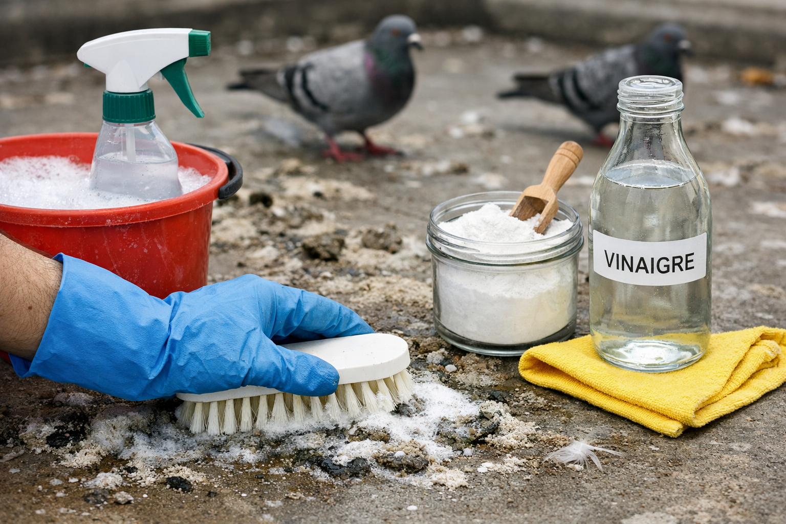 Nettoyage de fientes de pigeon sur un sol extérieur pour supprimer les mauvaises odeurs