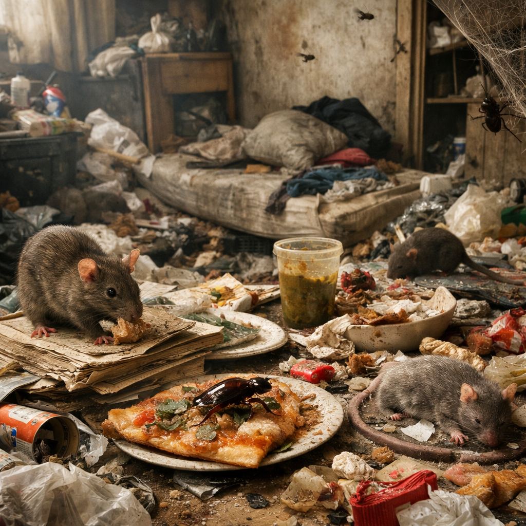 Nuisibles dans un logement avec syndrome de Diogène encombré et insalubre avec rats, cafard, déchets alimentaires et forte accumulation d’objets