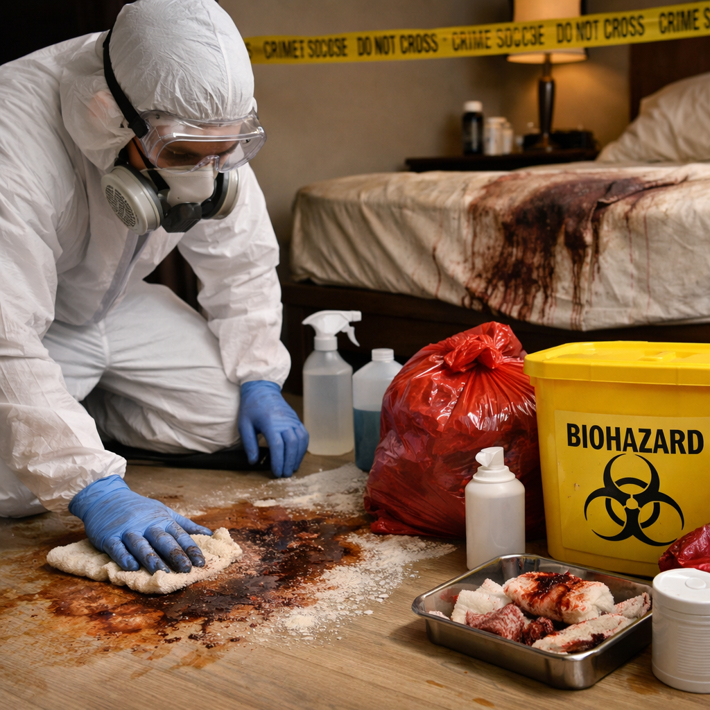Technicien en tenue de protection traitant des fluides biologiques lors d’un nettoyage après décès dans une chambre