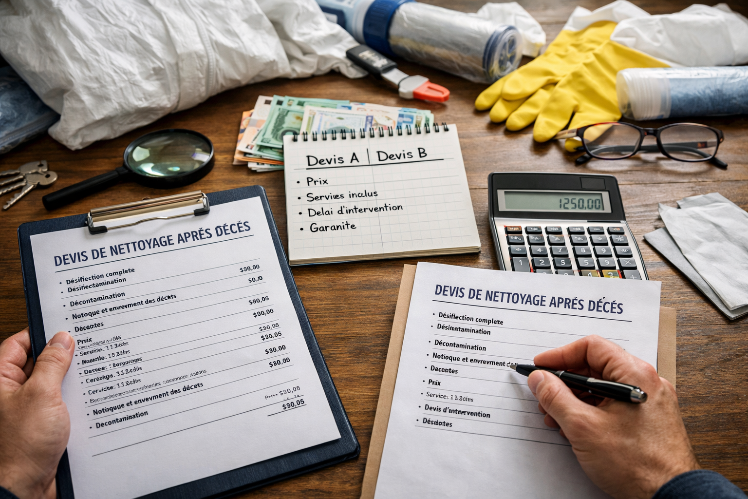 Comparaison de plusieurs devis de nettoyage après décès avec documents, calculatrice et prise de notes sur une table