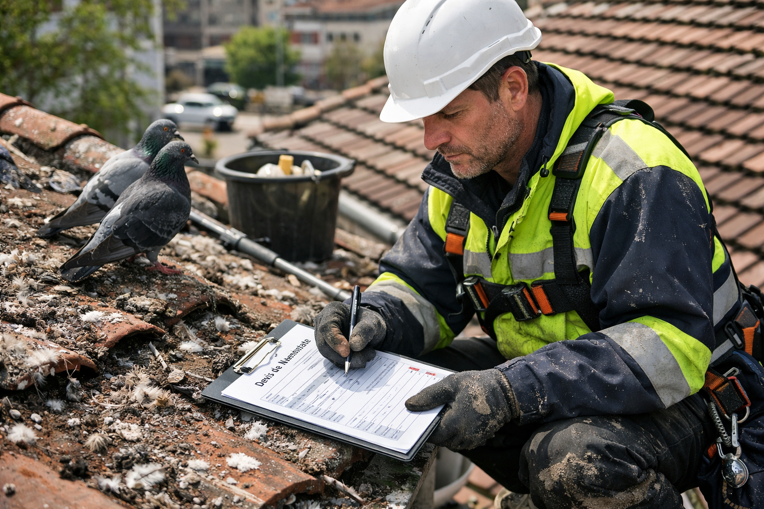 Technicien en tenue de sécurité réalisant un devis de nettoyage de fientes de pigeon sur une toiture en tuiles