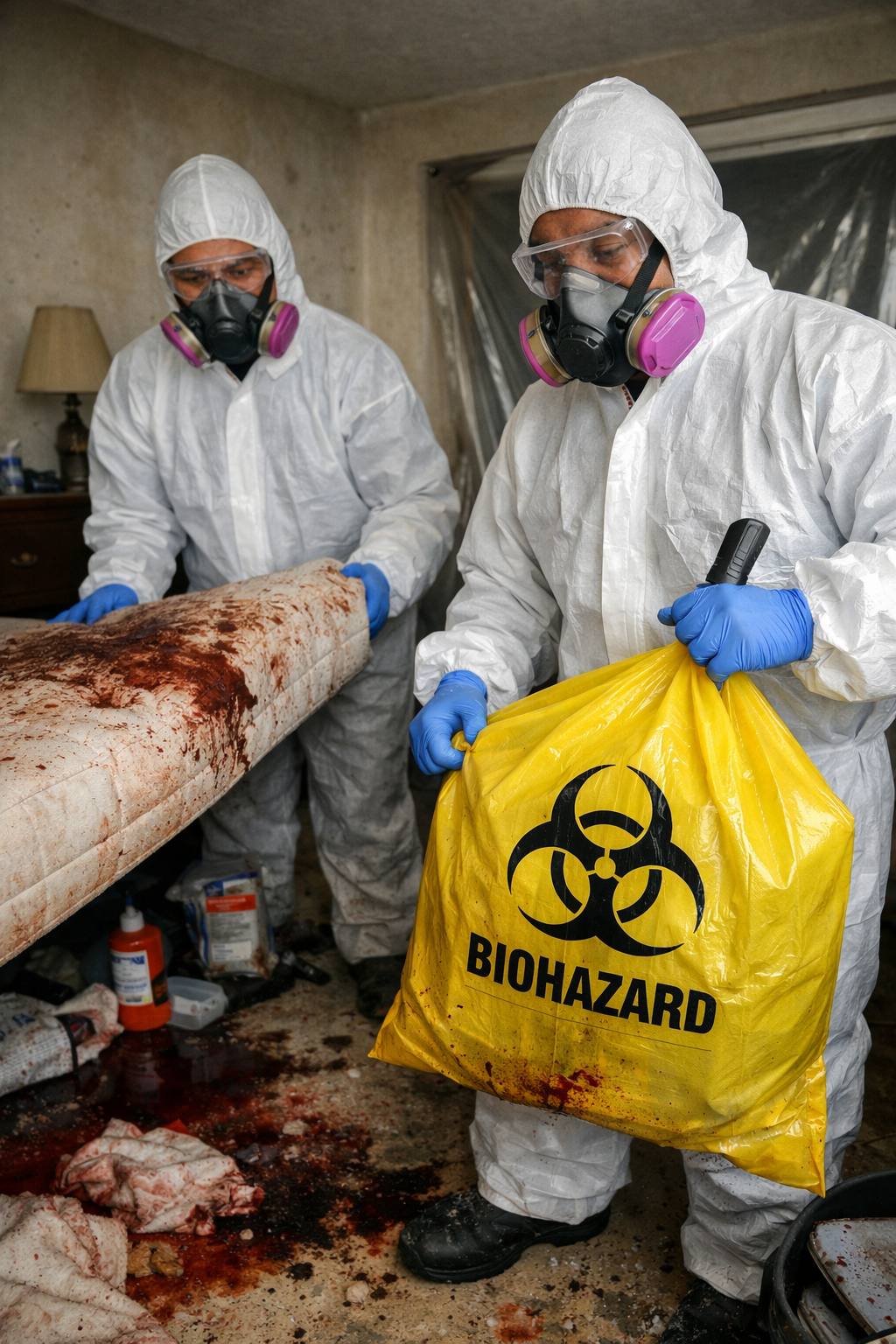 Techniciens spécialisés en nettoyage après décès portant des équipements de protection spécifiques dans une pièce à décontaminer