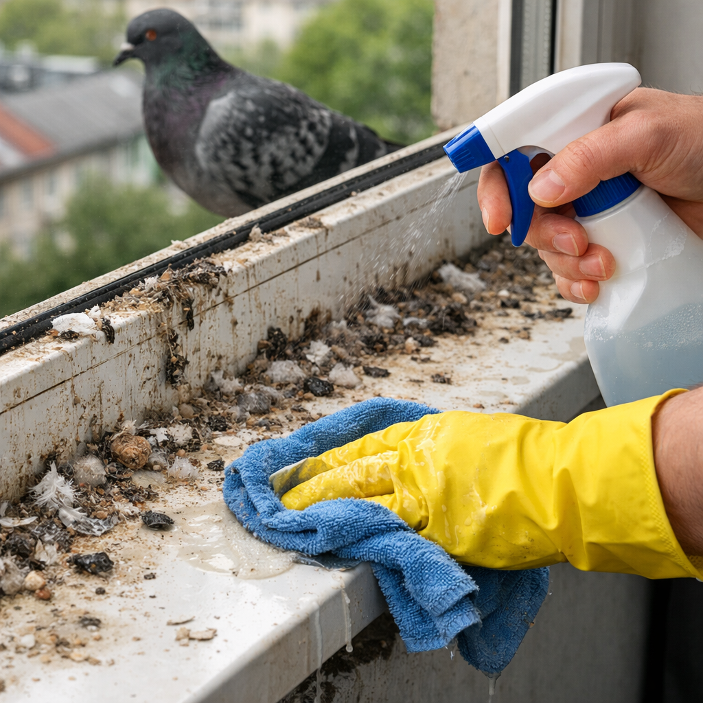 Nettoyage d’un rebord de fenêtre couvert de fientes de pigeon avec chiffon microfibre, gant de protection et pulvérisateur