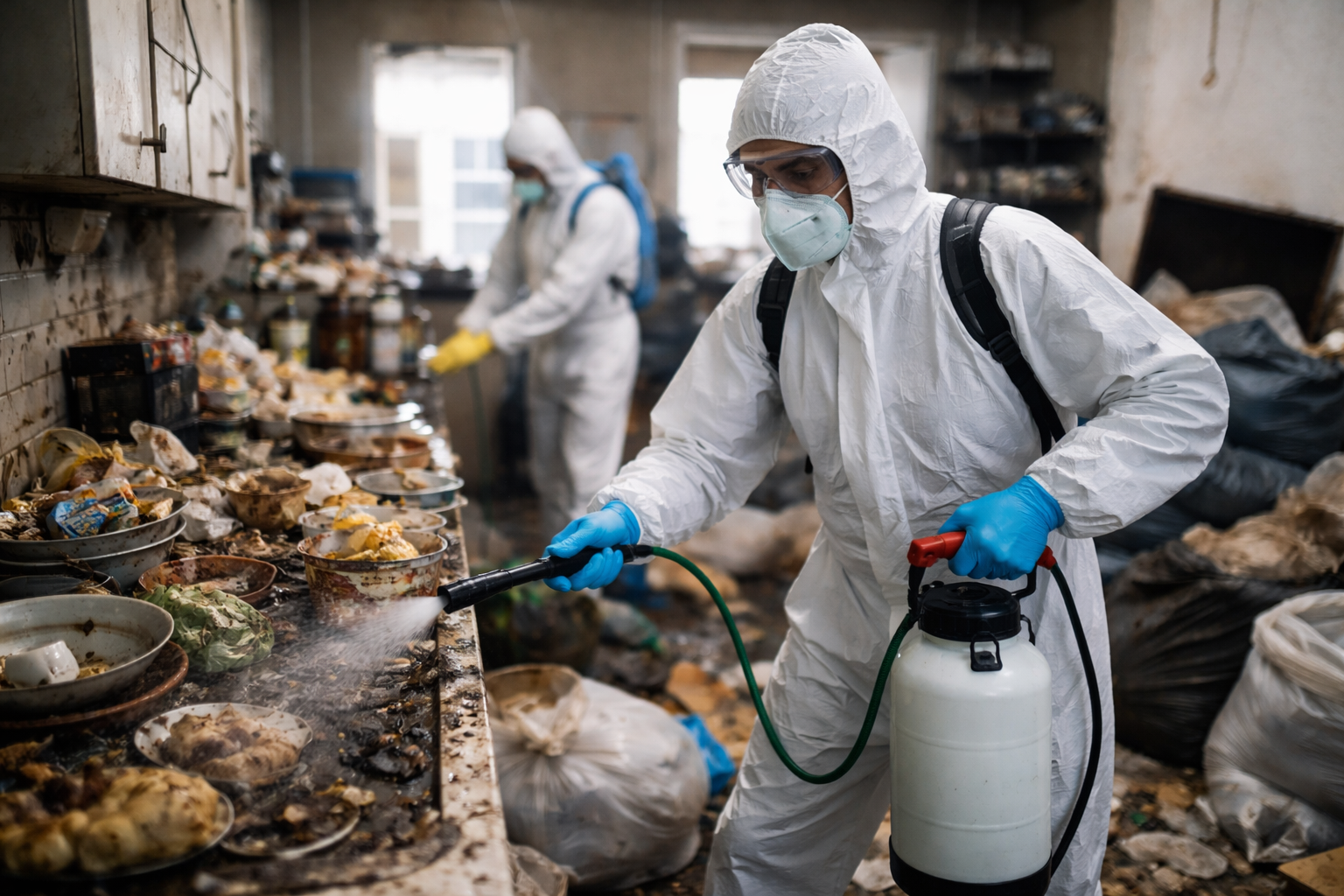 Intervention de désinfection après syndrome de Diogène dans un logement insalubre avec agents équipés de protections sanitaires
