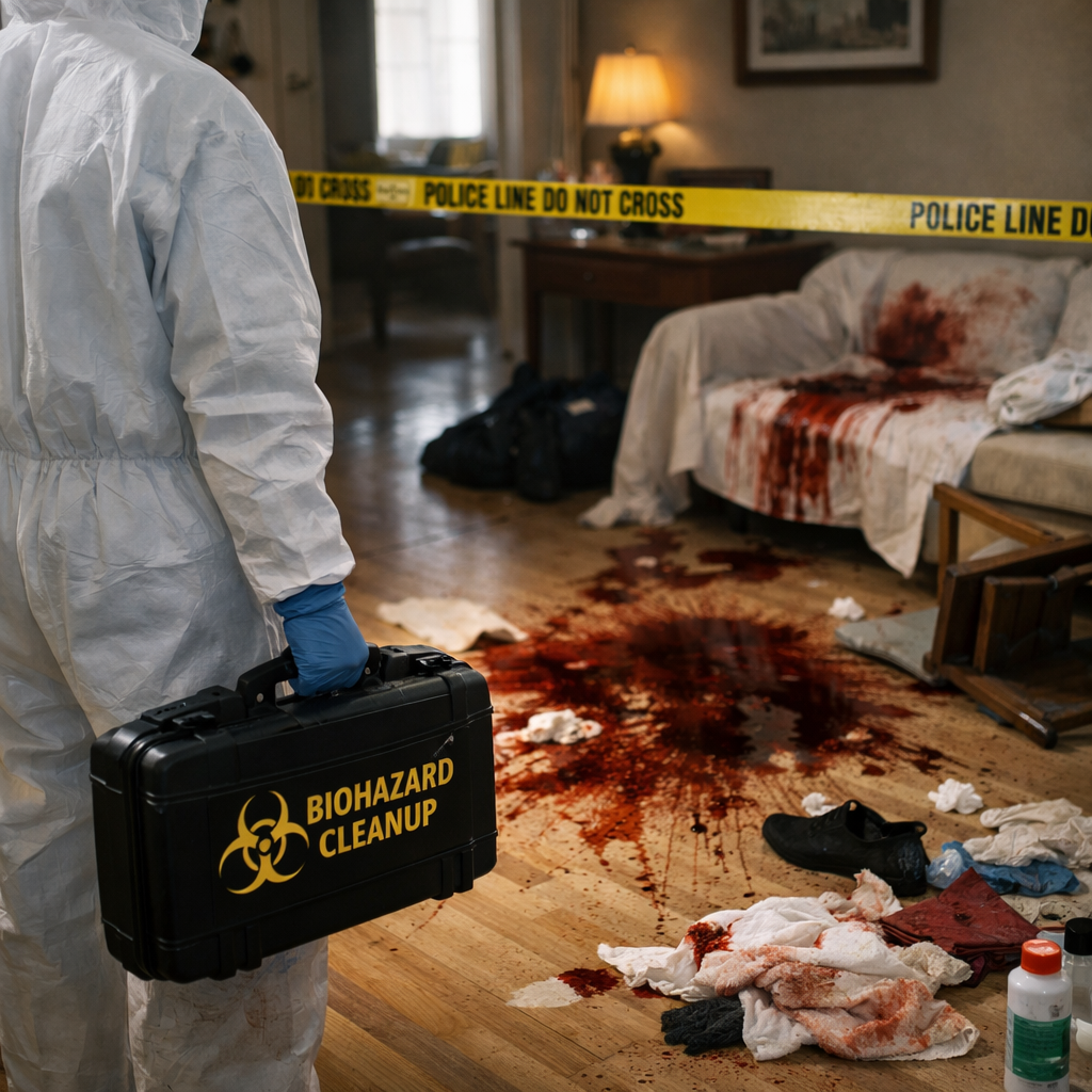 Technicien en tenue de protection intervenant dans un logement après un décès à domicile pour une opération de nettoyage et de décontamination spécialisée