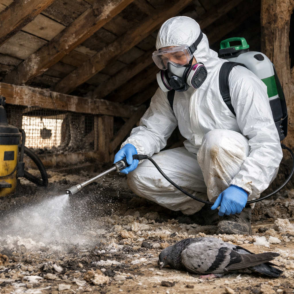 Professionnel en tenue de protection désinfectant des combles contaminés par des fientes de pigeon