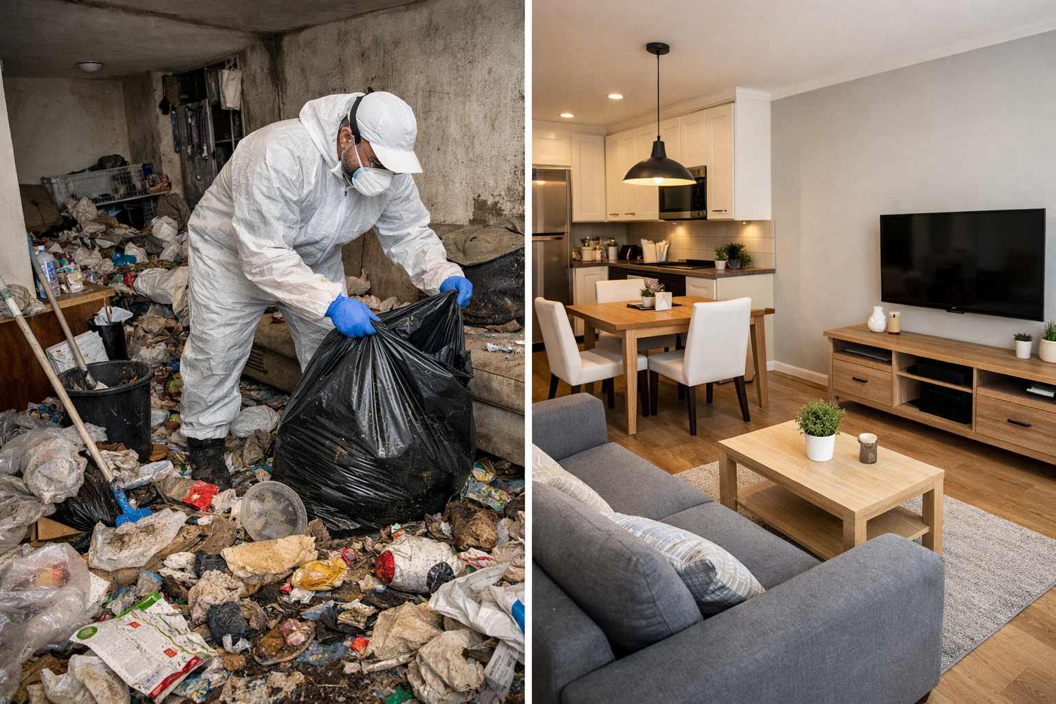 Appartement avec syndrome de Diogène en cours de nettoyage avant remise en location rapide avec résultat final propre et rénové