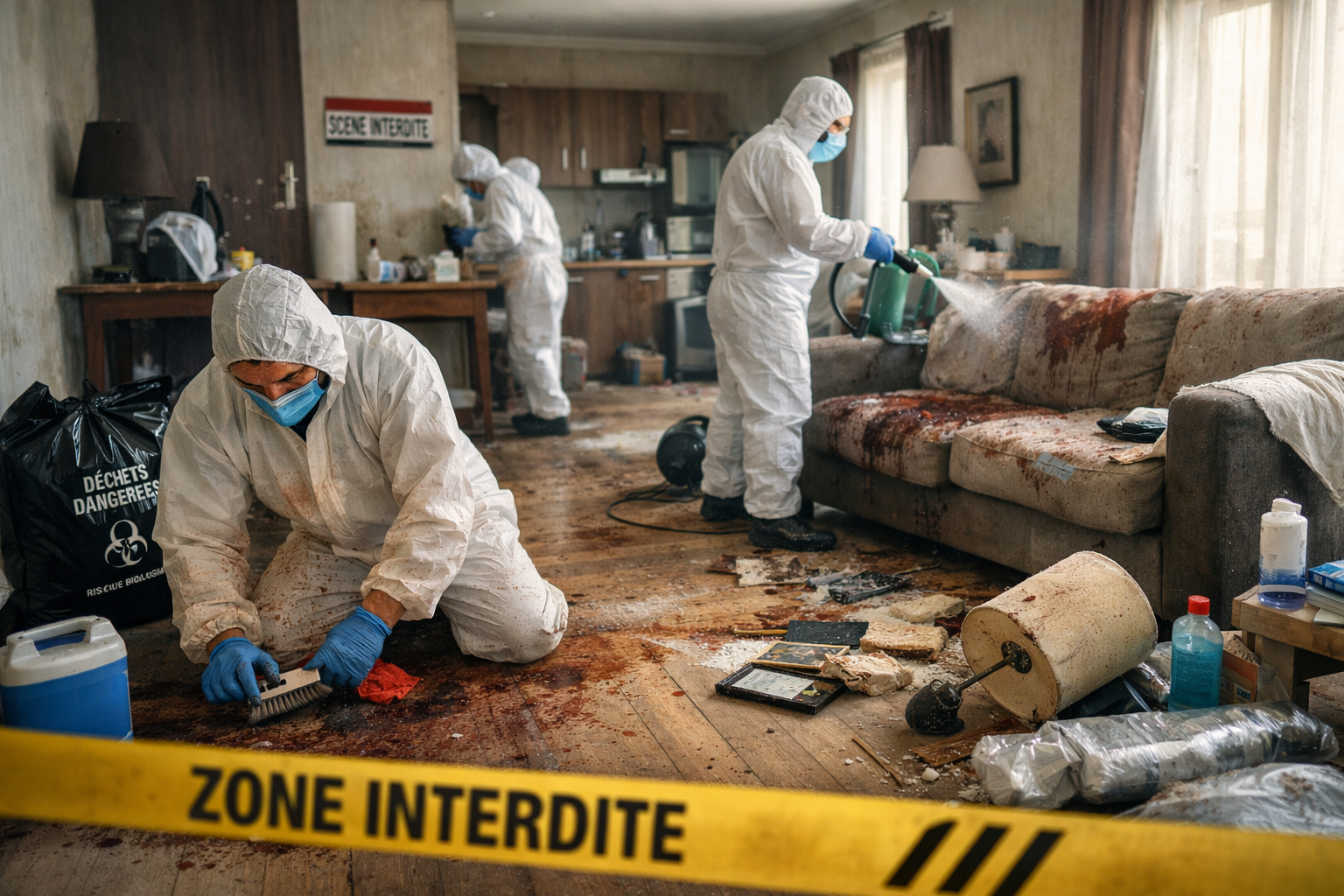 Appartement en cours de remise en état après un nettoyage après décès, avec intervention de professionnels pour assainir, désinfecter et restaurer le logement