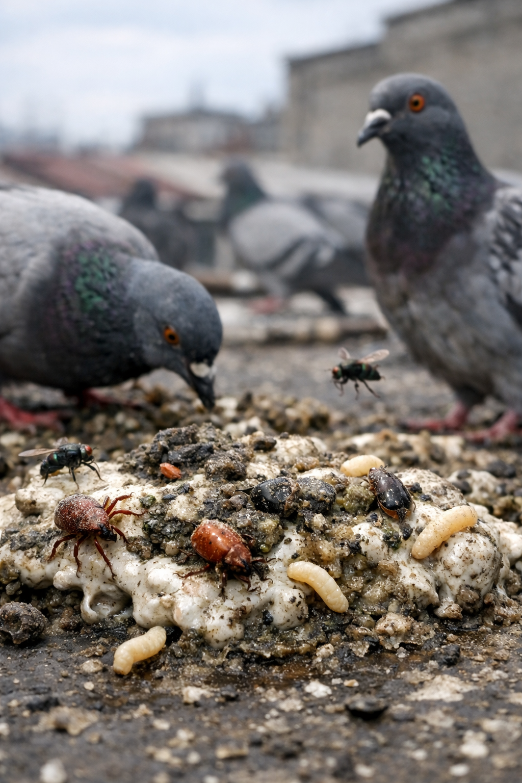 Fientes de pigeon sur une toiture attirant des parasites dans un environnement urbain