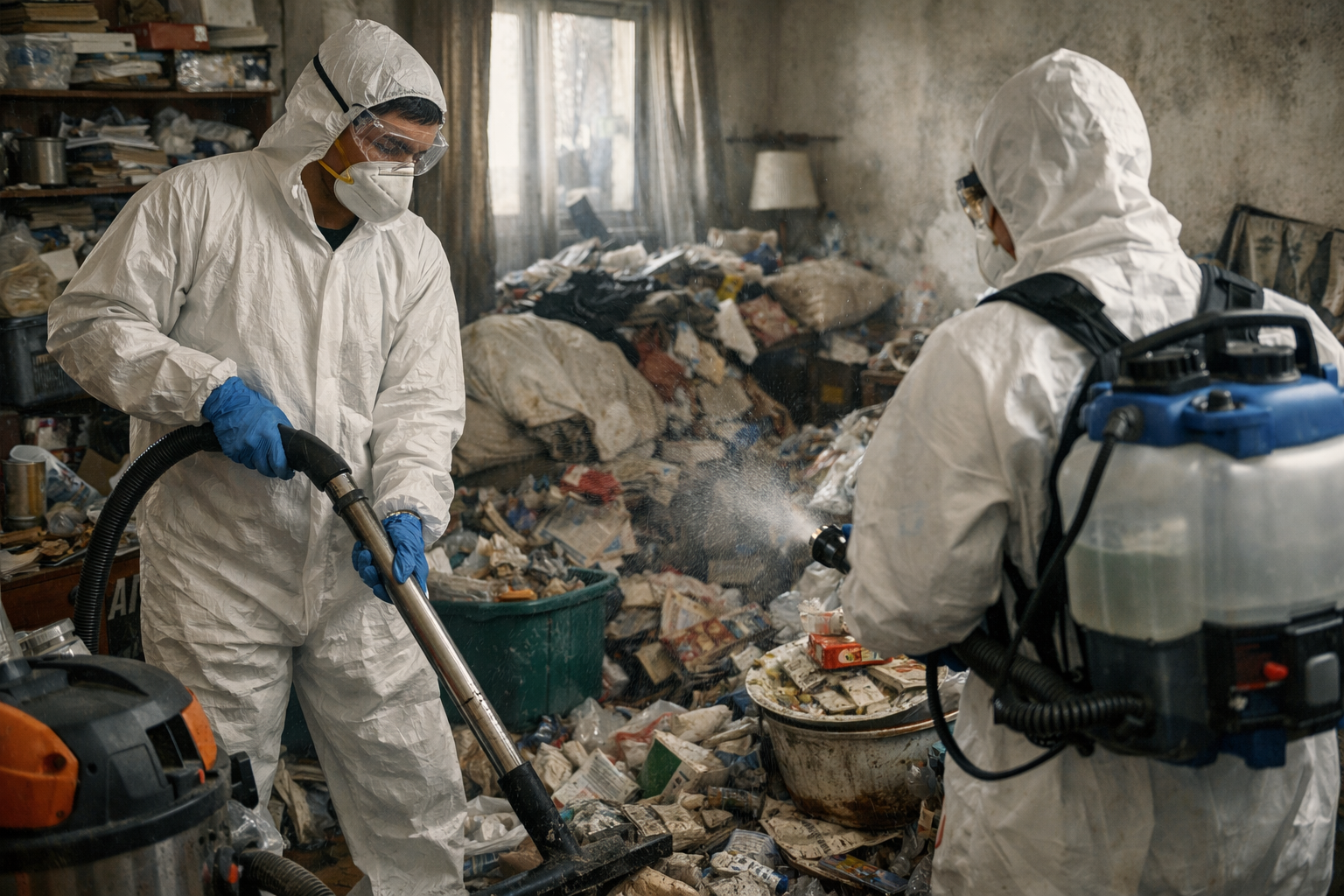 Intervenants en tenue de protection réalisant la remise en état d’un logement touché par un syndrome de Diogène avec du matériel professionnel de nettoyage et de désinfection