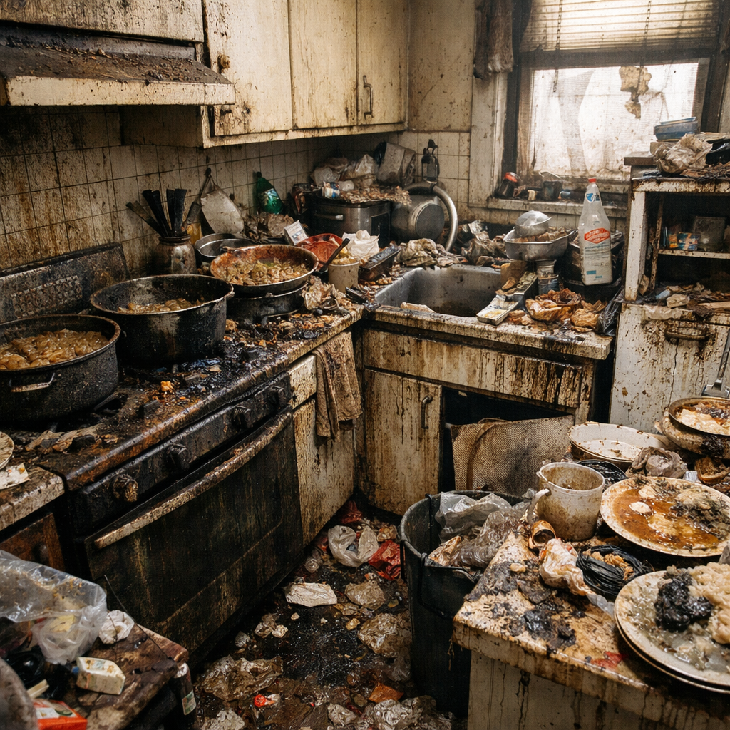 Cuisine très sale liée au syndrome de Korsakoff avec vaisselle sale, déchets, surfaces grasses et forte accumulation de salissures avant nettoyage