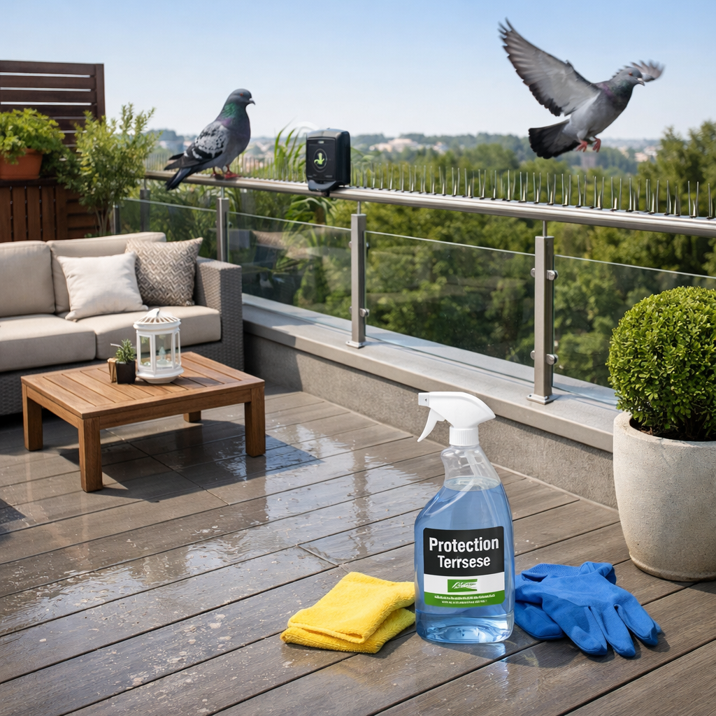 Terrasse propre protégée après nettoyage de fientes de pigeon avec spray d’entretien, chiffon et dispositif anti-pigeons sur garde-corps