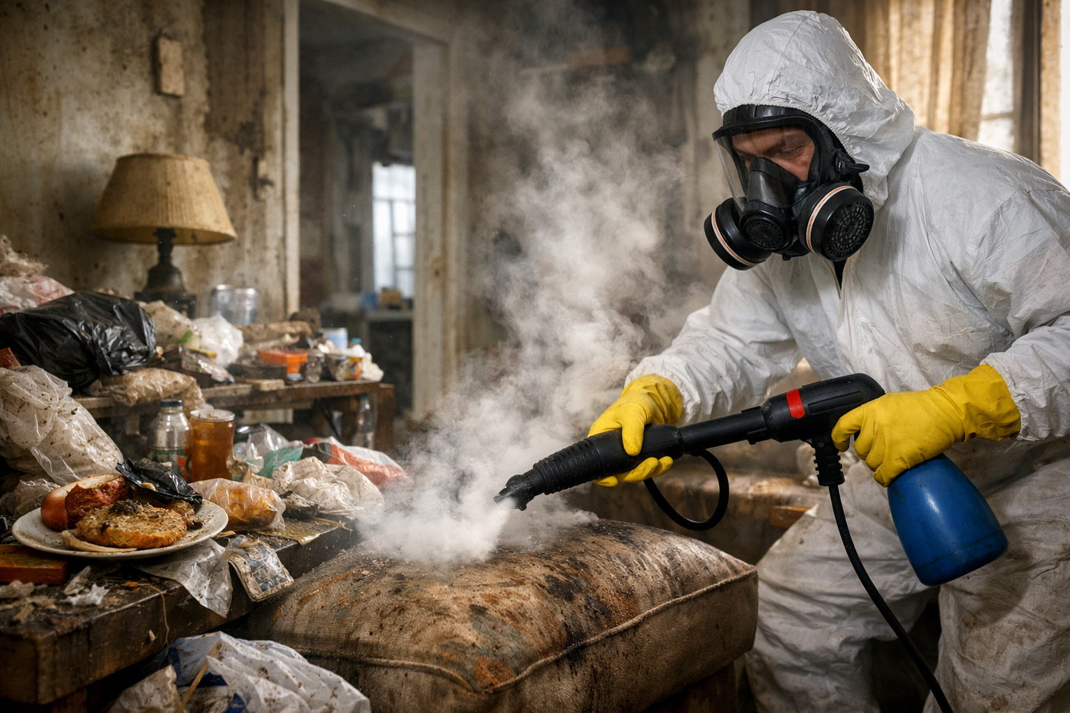 Nettoyage professionnel d’un logement insalubre après syndrome de Diogène pour éliminer les mauvaises odeurs incrustées