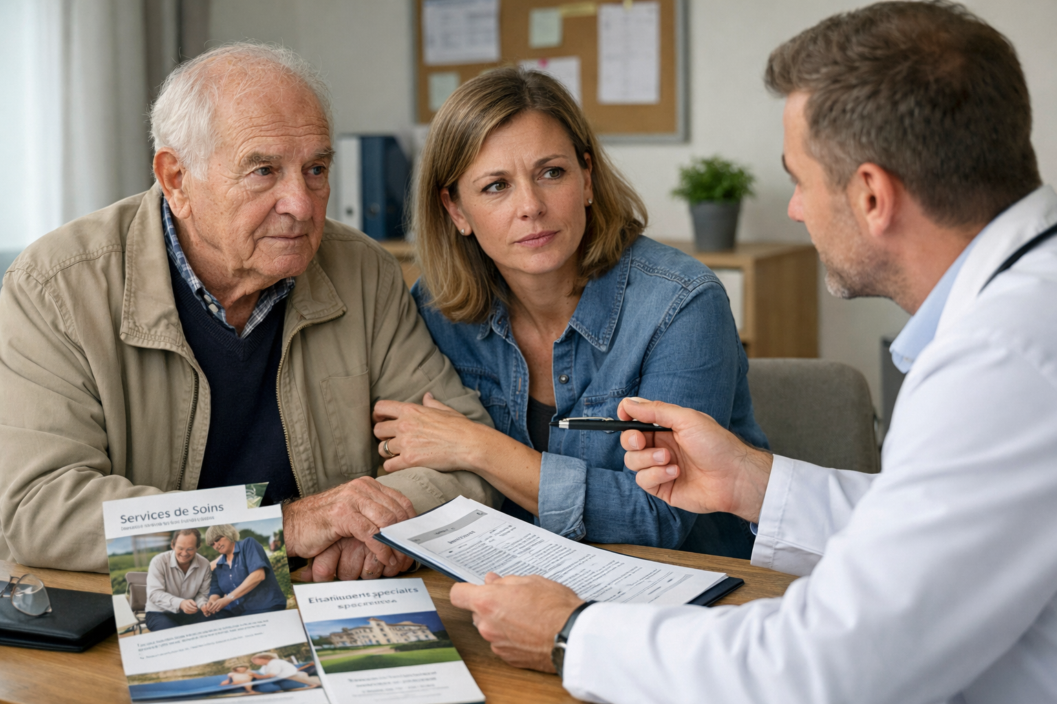 Consultation entre un senior atteint du syndrome de Korsakoff, une proche aidante et un professionnel pour choisir un prestataire d’accompagnement adapté