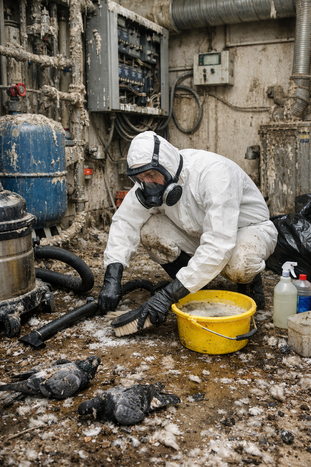 Technicien en combinaison de protection nettoyant un local technique souillé par des fientes de pigeon
