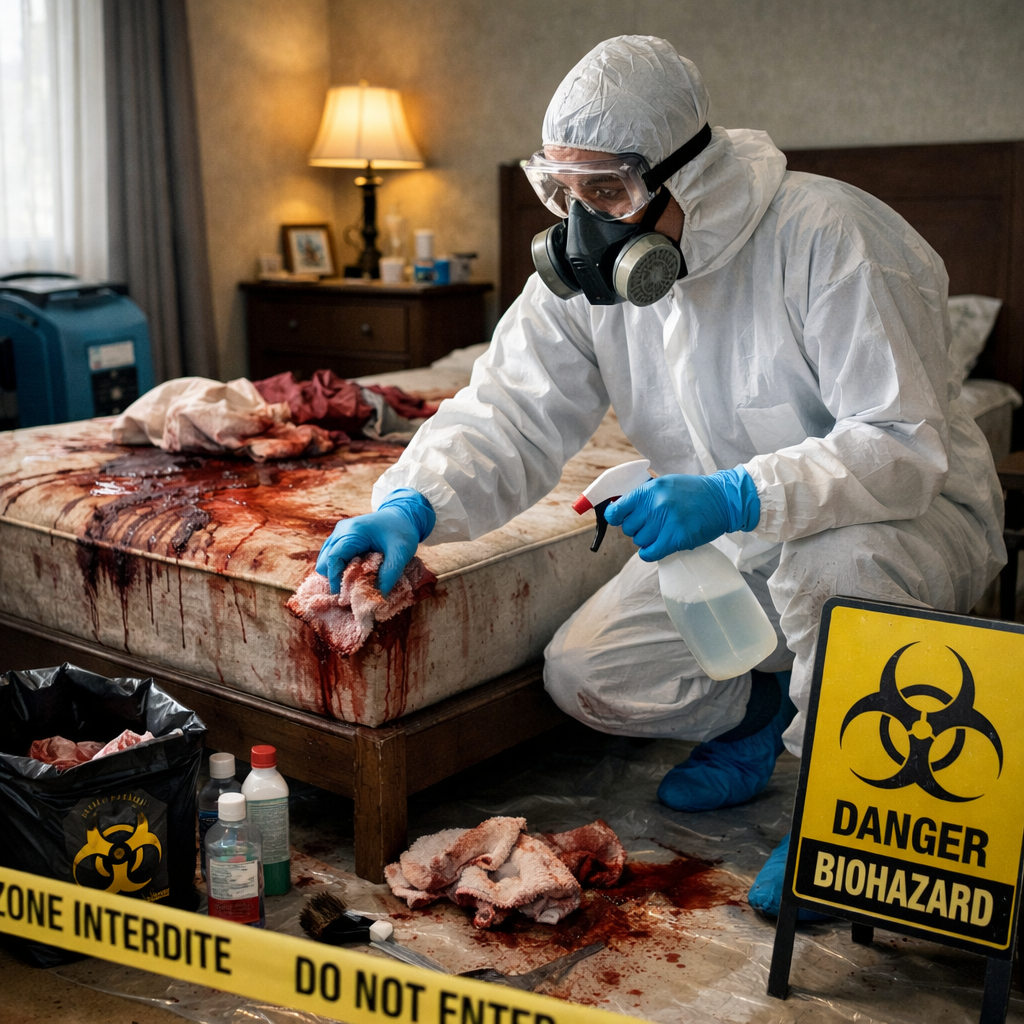 Technicien en tenue de protection nettoyant une chambre après décès dans des conditions sanitaires strictes