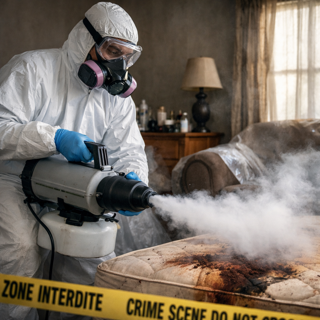 Technicien en combinaison de protection réalisant une désodorisation professionnelle après un nettoyage après décès dans une chambre