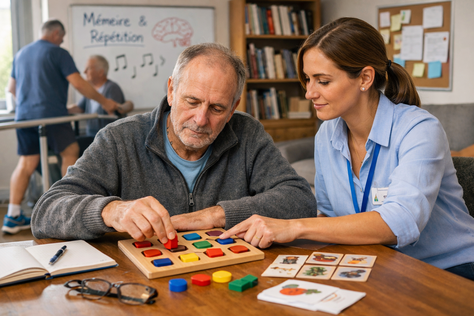 Patient en rééducation cognitive accompagné par une professionnelle de santé après un syndrome de Korsakoff