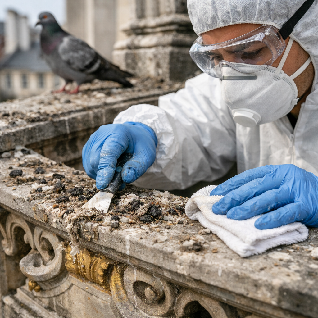 Professionnel nettoyant des fientes de pigeon sur une surface en pierre fragile avec chiffon microfibre et protection sanitaire