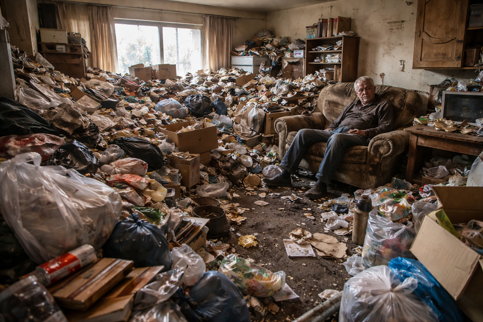 Logement extrêmement encombré illustrant le syndrome de Diogène et la nécessité d’un débarras massif