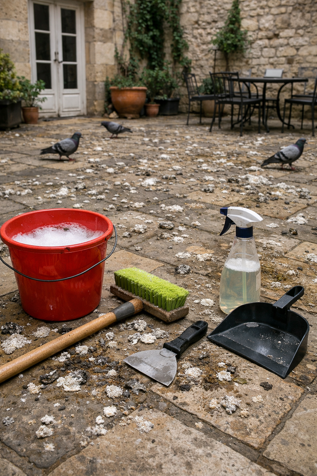 Nettoyage de fientes de pigeon dans une cour intérieure en pierre avec seau, brosse, pulvérisateur et pigeons au sol