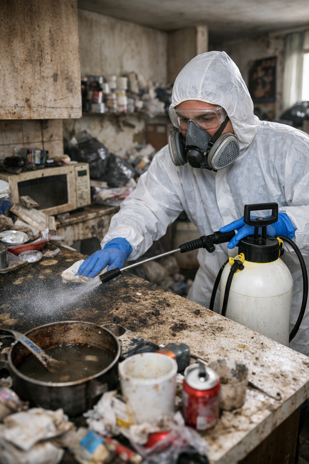 Professionnel en tenue de protection désinfectant les surfaces d’une cuisine insalubre après un débarras de syndrome de Diogène