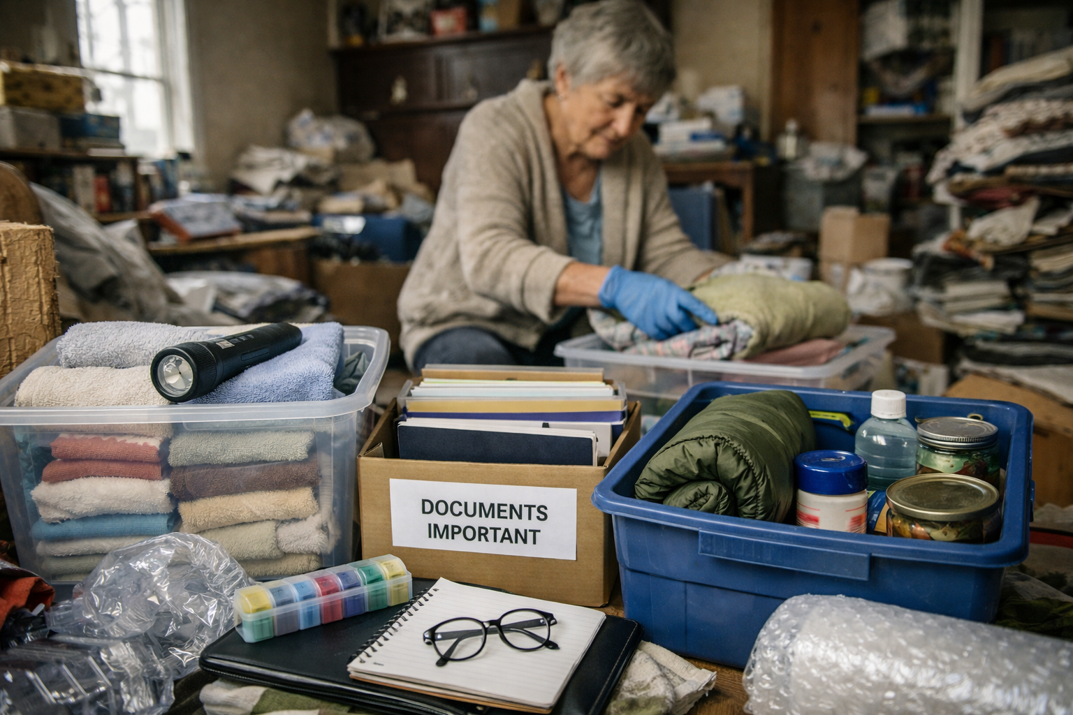 Organisation d’un logement touché par le syndrome de Korsakoff avec tri des objets utiles, documents importants, lunettes, pilulier et rangement structuré