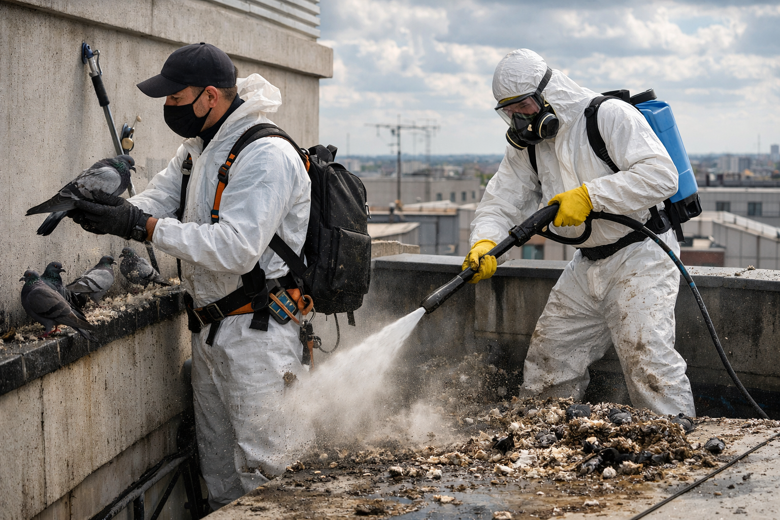 Techniciens réalisant un dépigeonnage et le nettoyage de fientes de pigeon sur le toit d’un immeuble