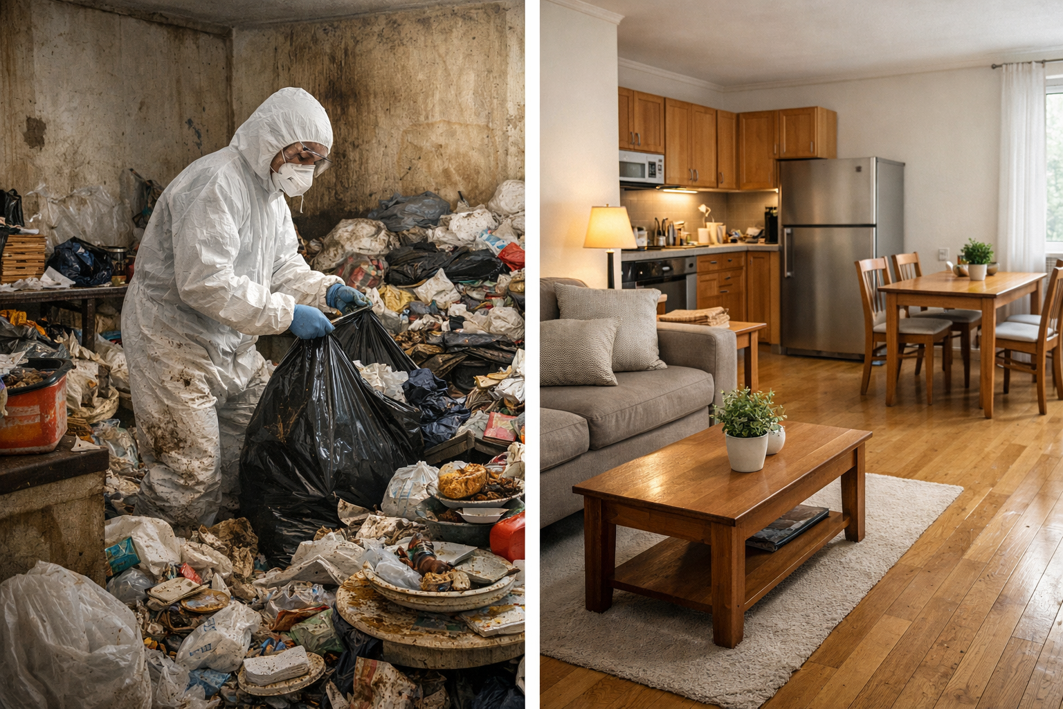 Avant après d’un nettoyage extrême dans un logement touché par le syndrome de Diogène avec intervention professionnelle et remise en état complète